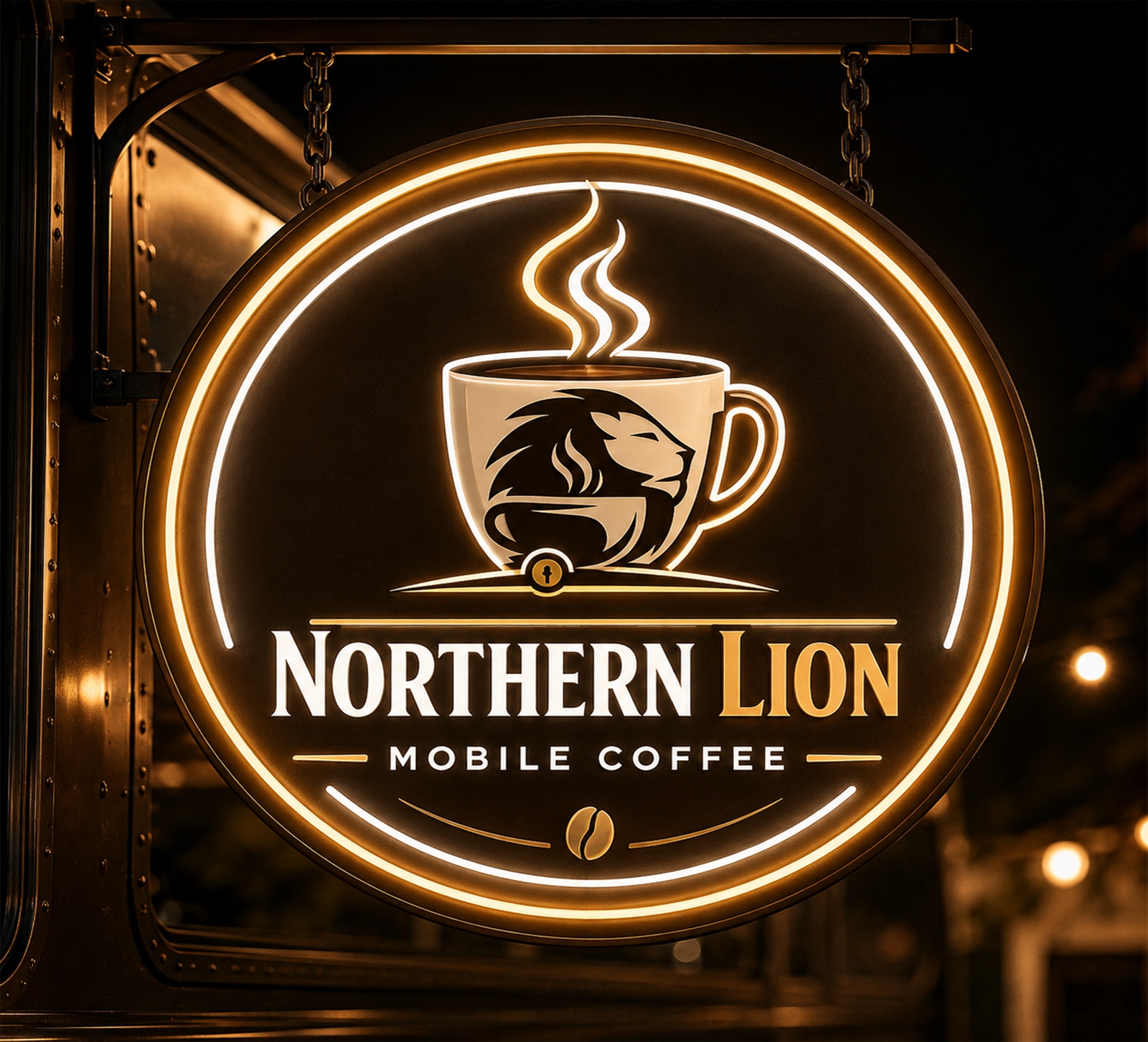Northern Lion Mobile Coffee illuminated outdoor sign
